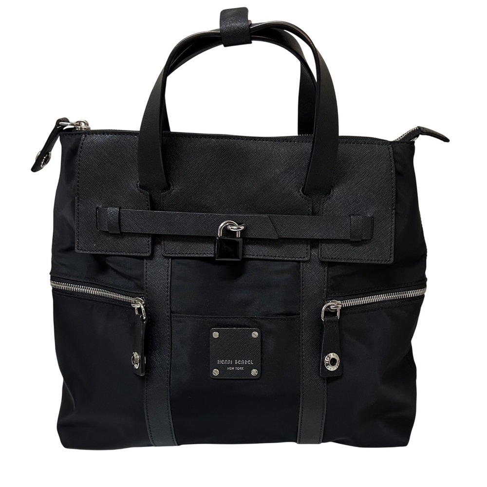 Henri Bendel Jetsetter Backpack Black Nylon Saffiano Leather Convertible Bag